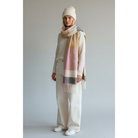 Unbranded Accessories - NEW Pink Tan Colorblock Oversized Blanket Scarf with Fringe OS Accessory